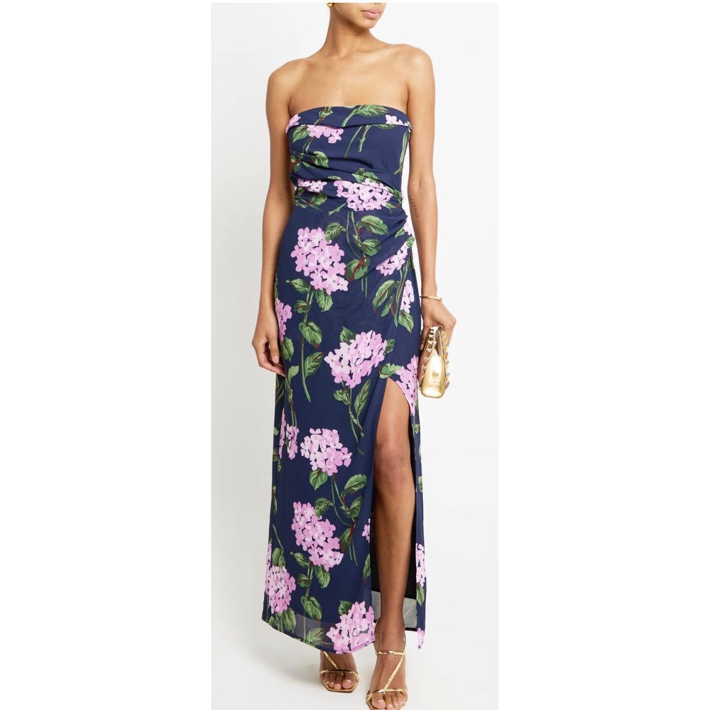 Few Moda o.p.t One Pretty Time Navy Pink Hydrangea Floral Strapless Midi Dress